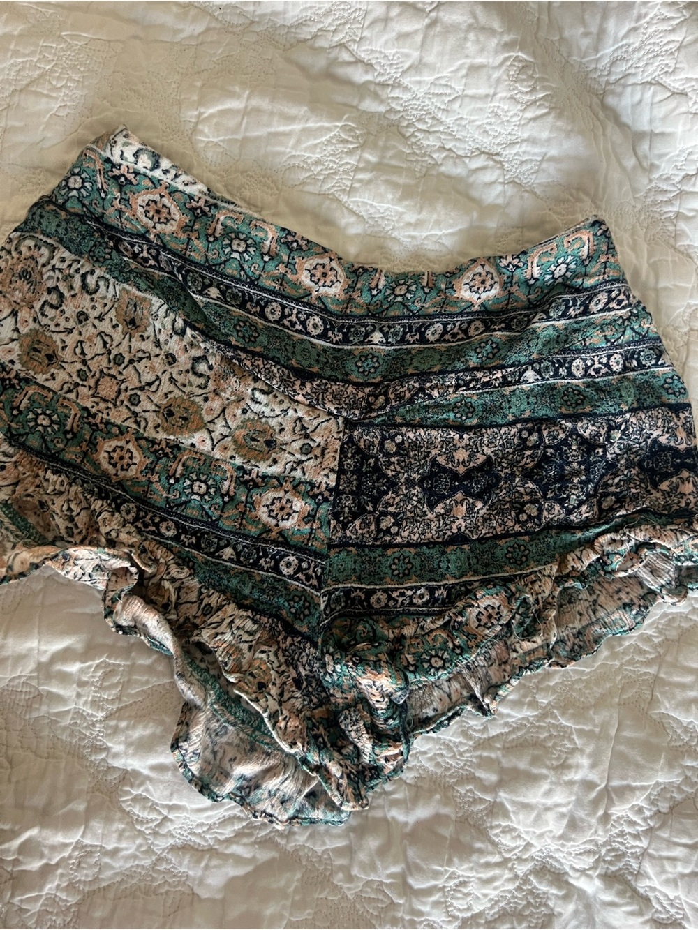 mahina Teal Multi Patterned High Waist Ruffle Shorts